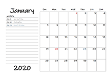 2020 Calendar Template with Monthly Notes