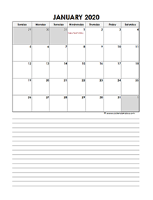 2020 Monthly Canada Calendar Template