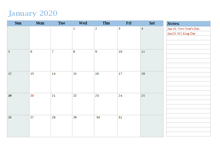 2020 Monthly OneNote Calendar