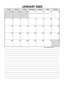 2020 Monthly Singapore Calendar Template