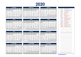 Yearly 2020 Calendar with New Zealand public holidays