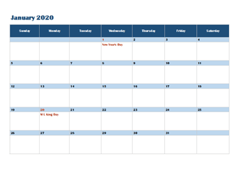 2020 OneNote Calendar Template