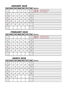 2020 Three Month Calendar Template