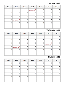 2020 Quarterly calendar with US holidays