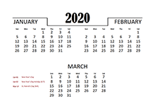 2020 Quarterly Calendar for Singapore