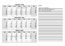 2020 Singapore Quarterly Calendar Template