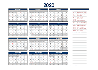 Yearly 2020 Calendar with singapore public holidays