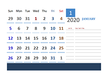 2020 Thailand Calendar for Vacation Tracking