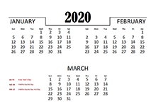 2020 Quarterly Calendar for Thailand