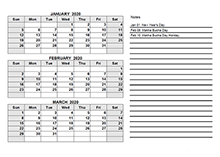 2020 Thailand Quarterly Calendar Template