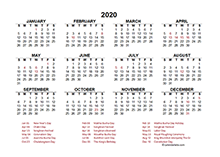 2020 Thailand calendar template with public holidays