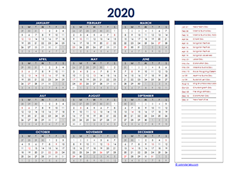 2020 Thailand Yearly Excel Calendar