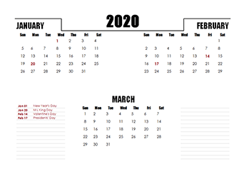 2020 Three Months Calendar Template