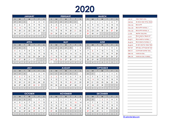 Yearly 2020 Calendar with UAE public holidays