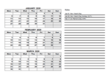 2020 UK Quarterly Calendar Template