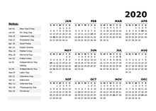 2020 Year Calendar Template with US Holidays