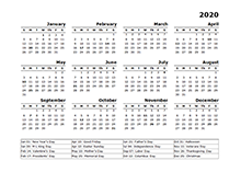 2020 Year Calendar Template with US Holidays