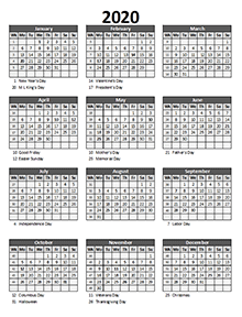 2020 Yearly Business Calendar with Week Number