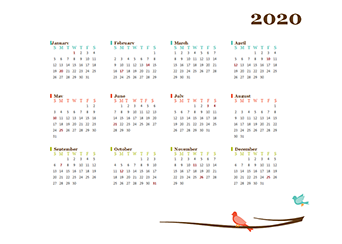 2020 yearly calendar bird template