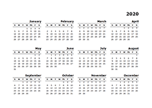 2020 yearly calendar for Mac Pages