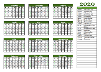 Editable 2020 Yearly Calendar Landscape