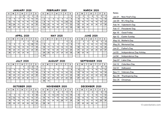 2020 Yearly Calendar PDF