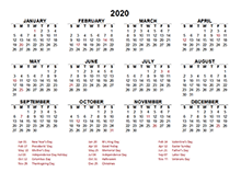 2020 Yearly Calendar Template Excel