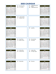 2020 Yearly Calendar Template Vertical Design