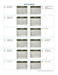 2020 annual calendar template vertical