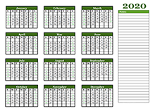 2020 Yearly Calendar With Blank Notes