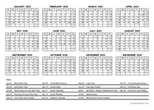 2020 Yearly Calendar With Hong Kong Holidays