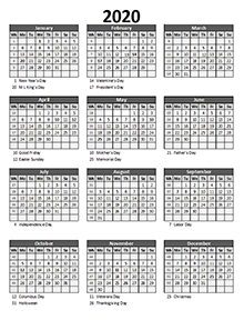 Editable 2020 Yearly Spreadsheet Calendar