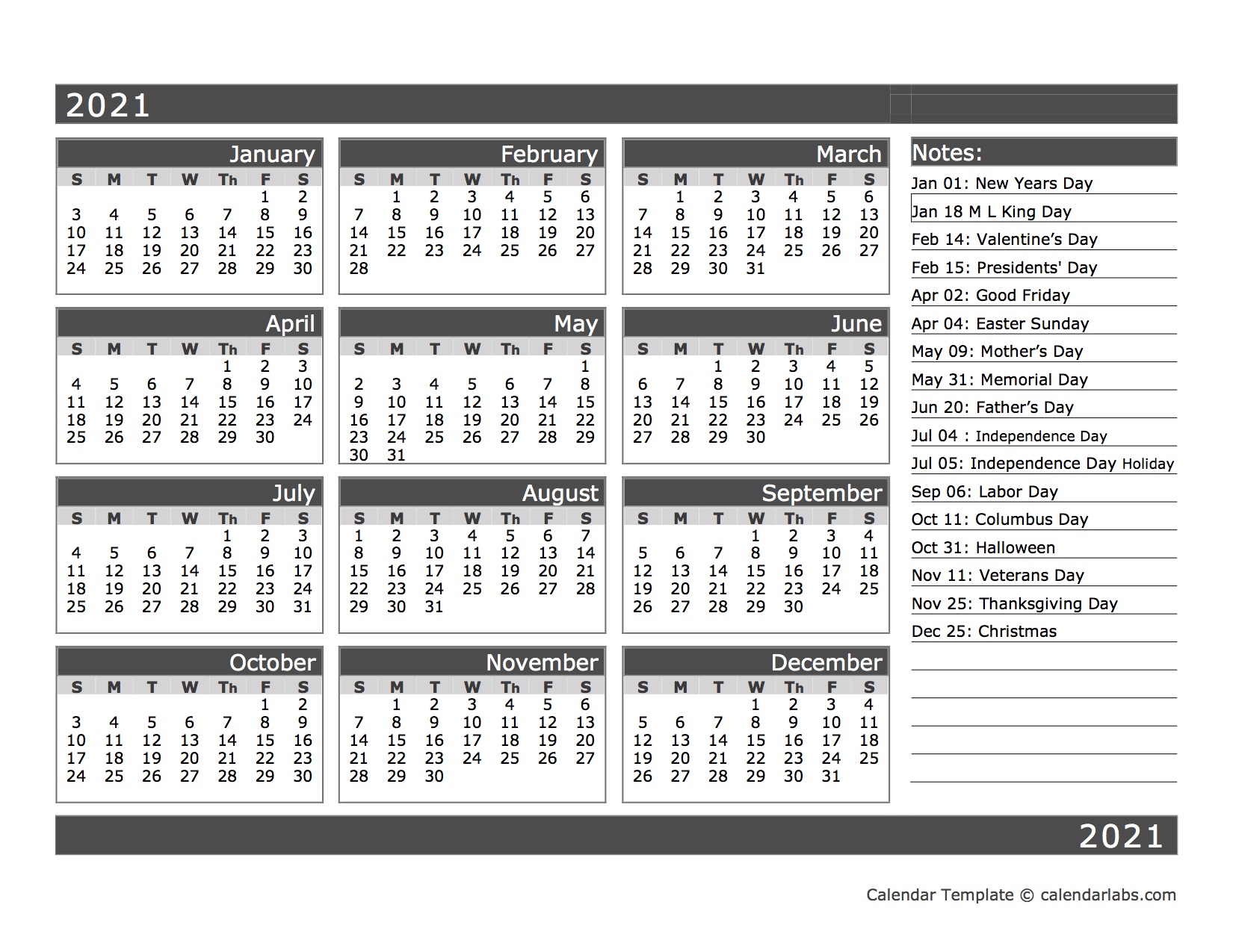 12-Month One Page Calendar Template for 2021 - Free ...