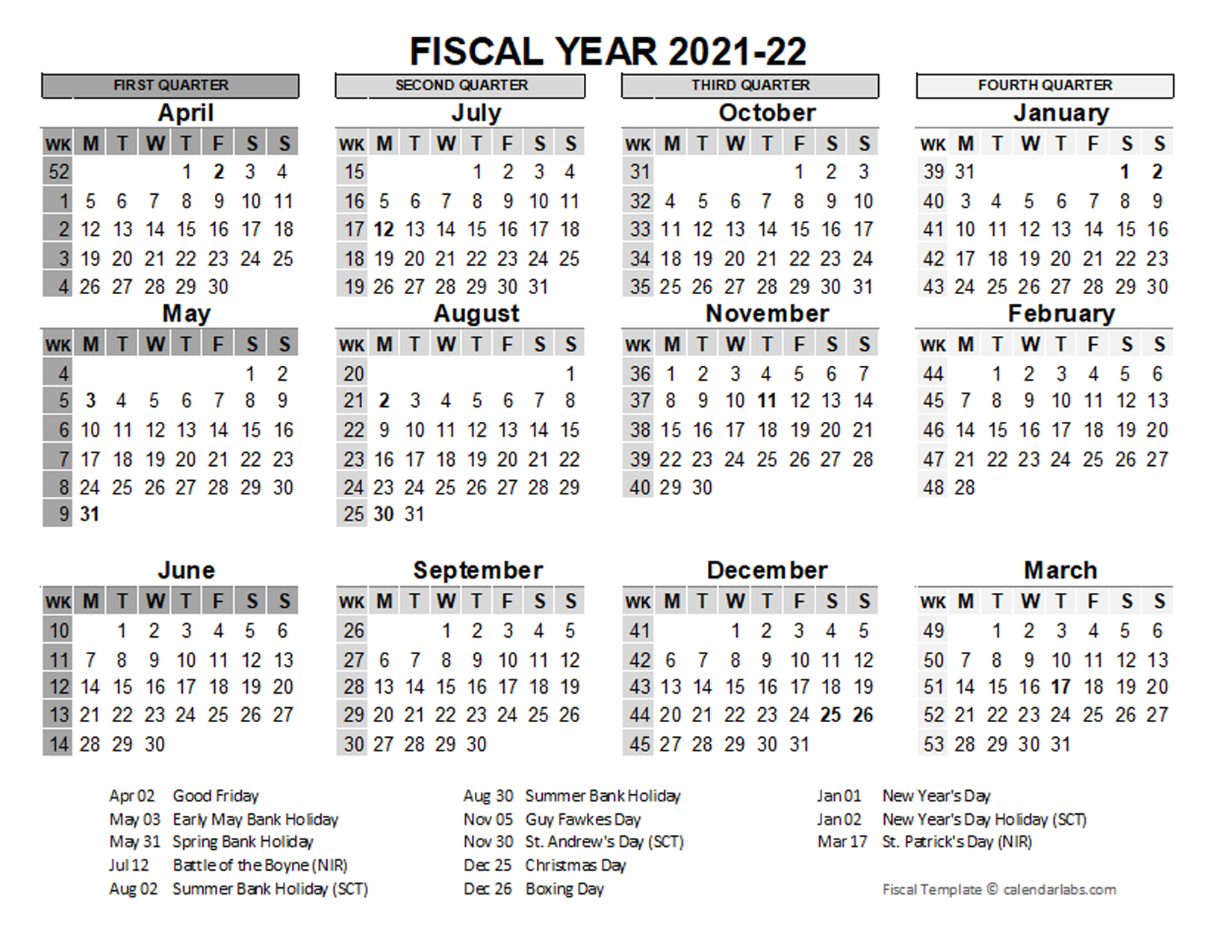 2021-2022 Fiscal Calendar UK Template - Free Printable ...