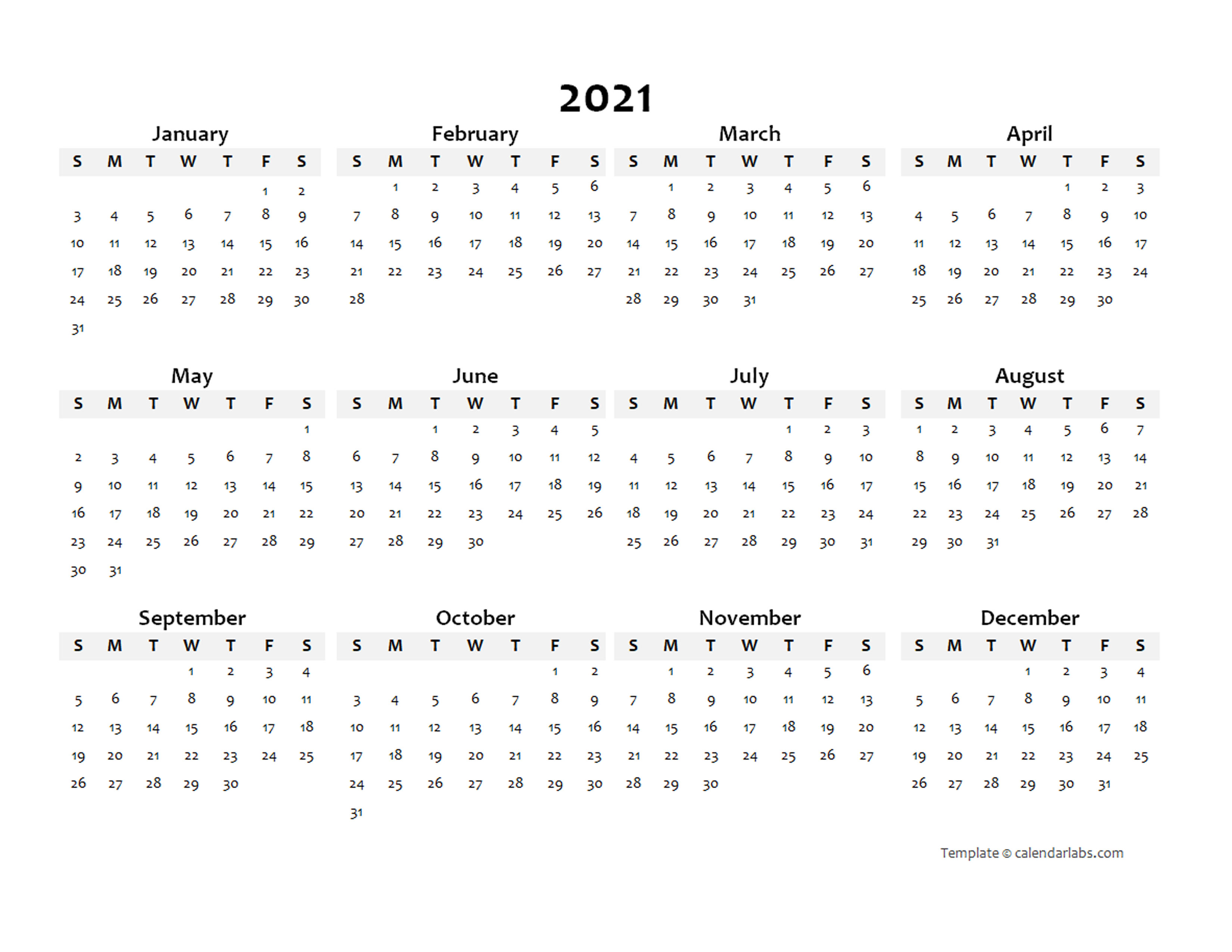 2021 Annual Blank Word Calendar Template - Free Printable Templates