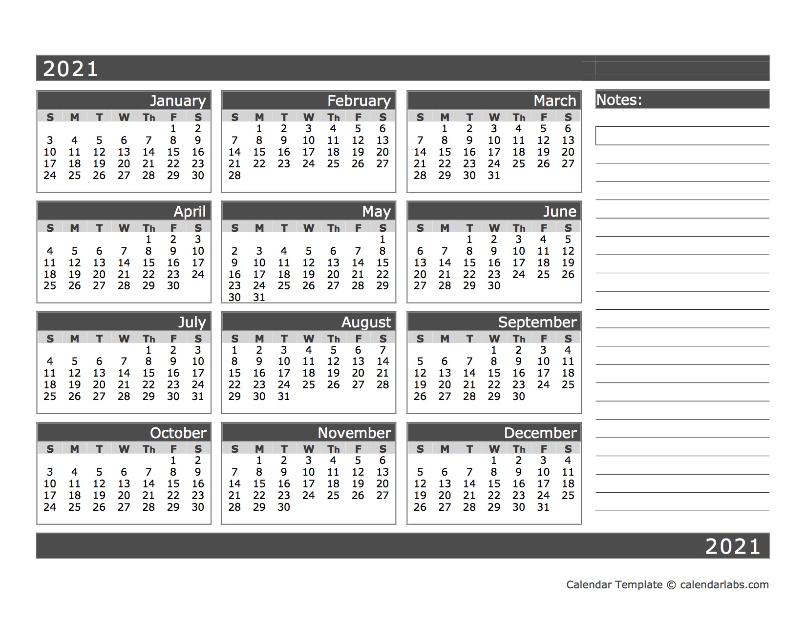 2021 Blank 12 Month Calendar In One Page Free Printable Templates