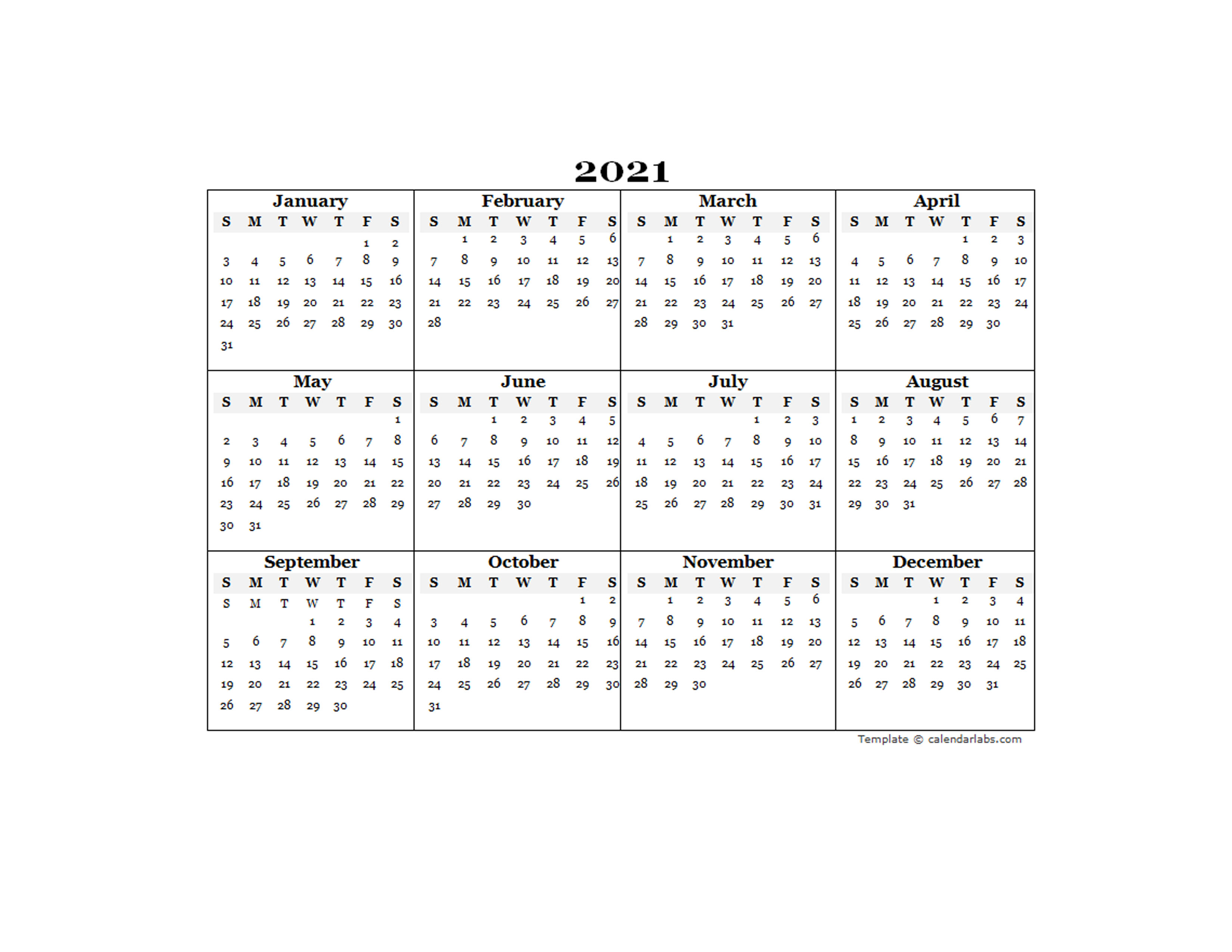 Free 2021 Yearly Calendar Template