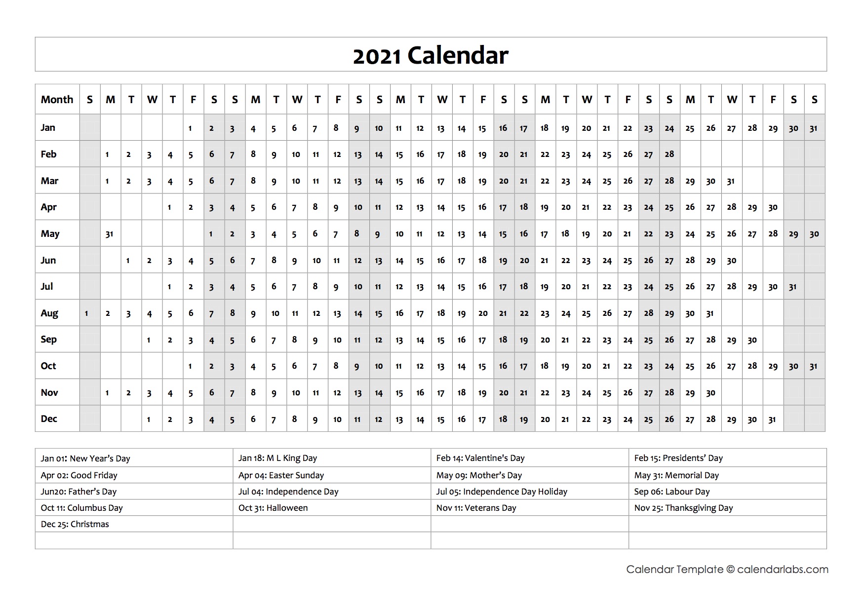 2021 Calendar Template Year at a Glance - Free Printable ...