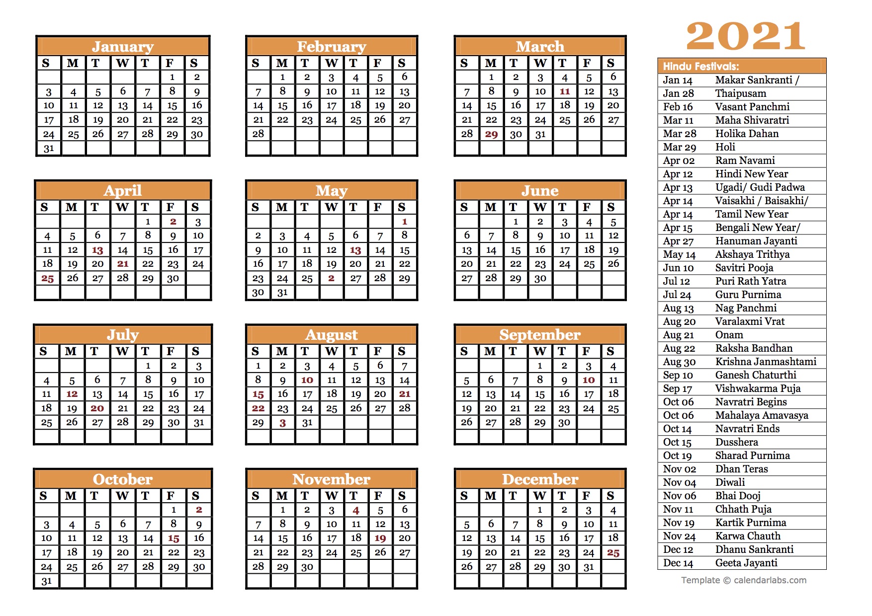 2021 Hindu Festivals Calendar Template Free Printable