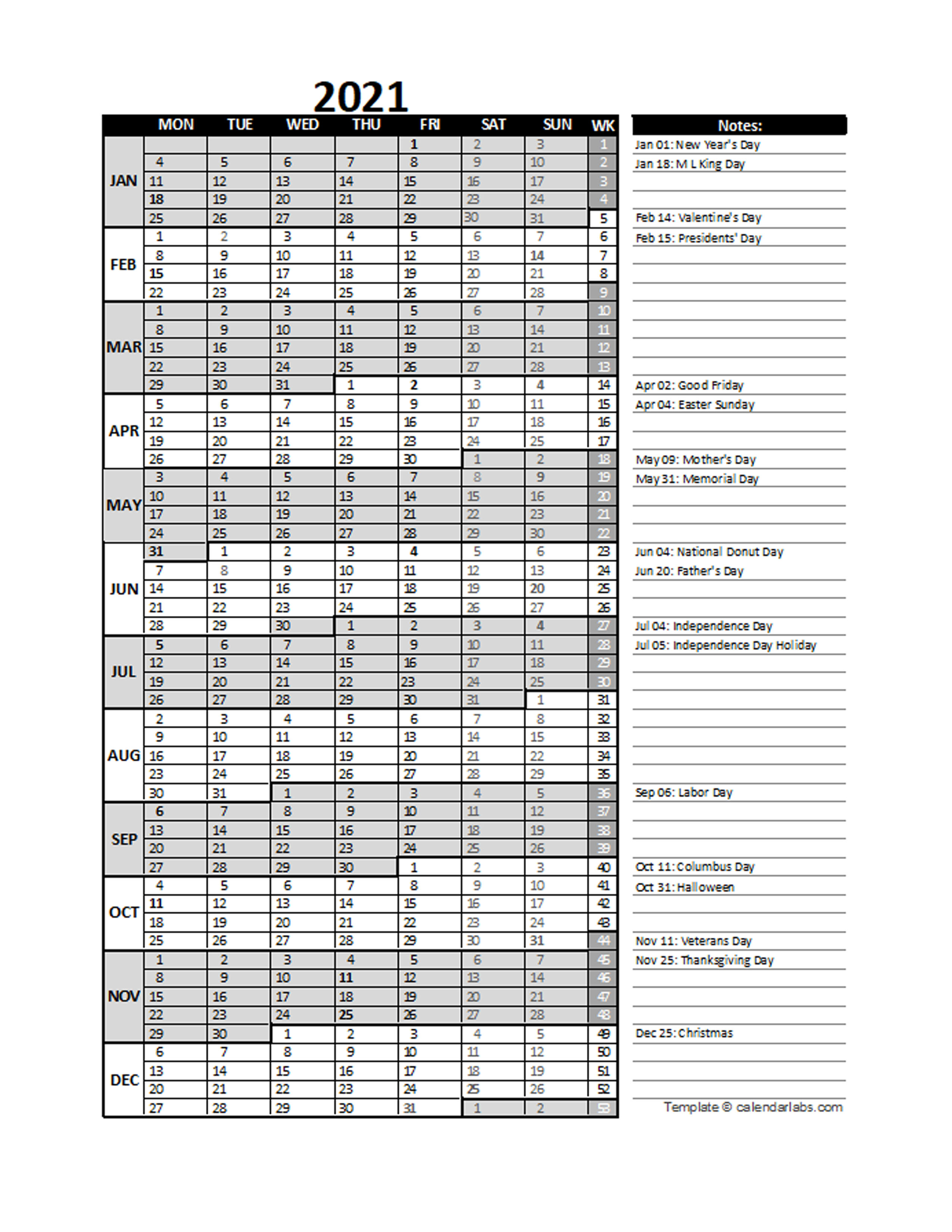 2021 Business Project Planning Calendar With Week Number Free