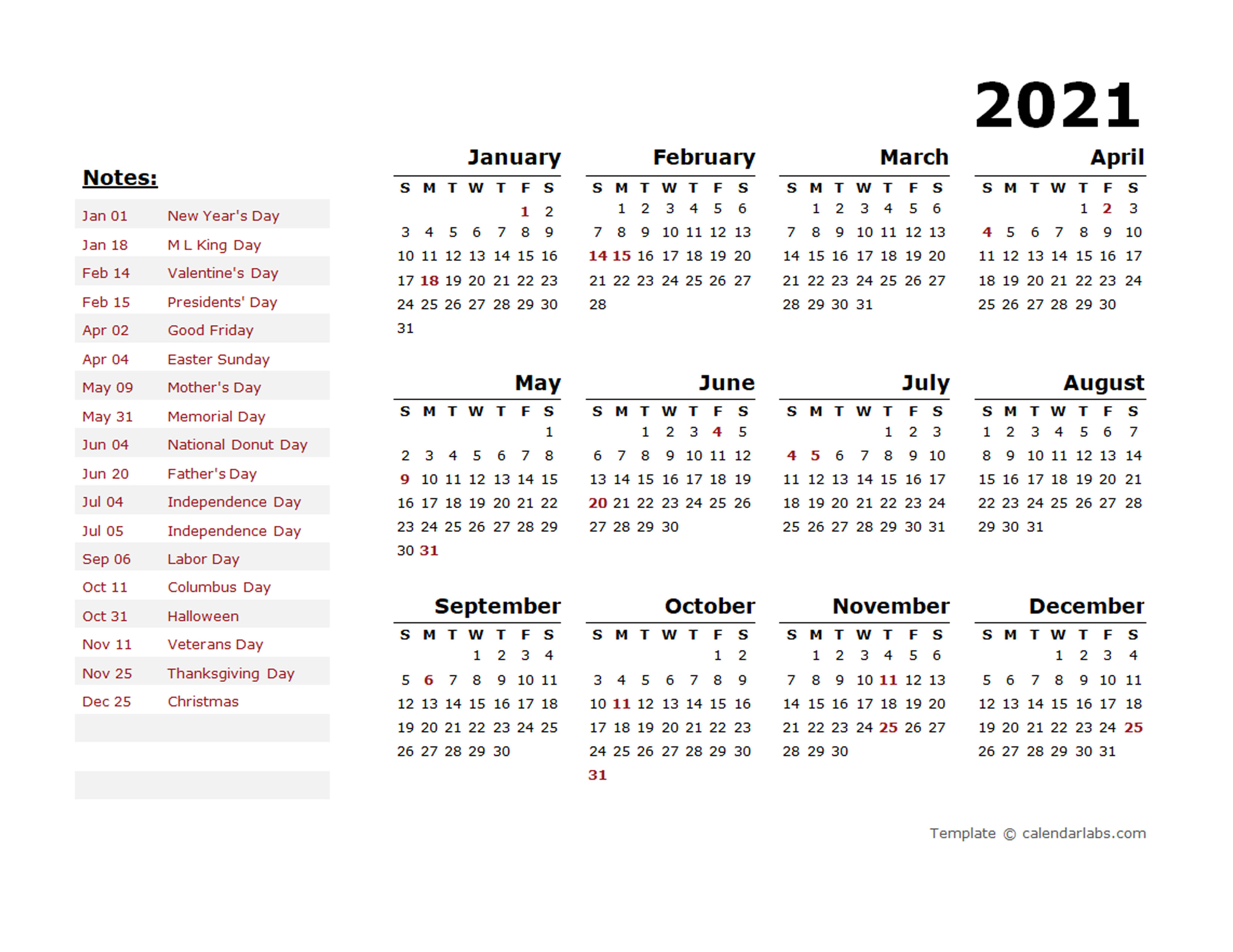 2021 Year Calendar Word Template with Holidays - Free ...