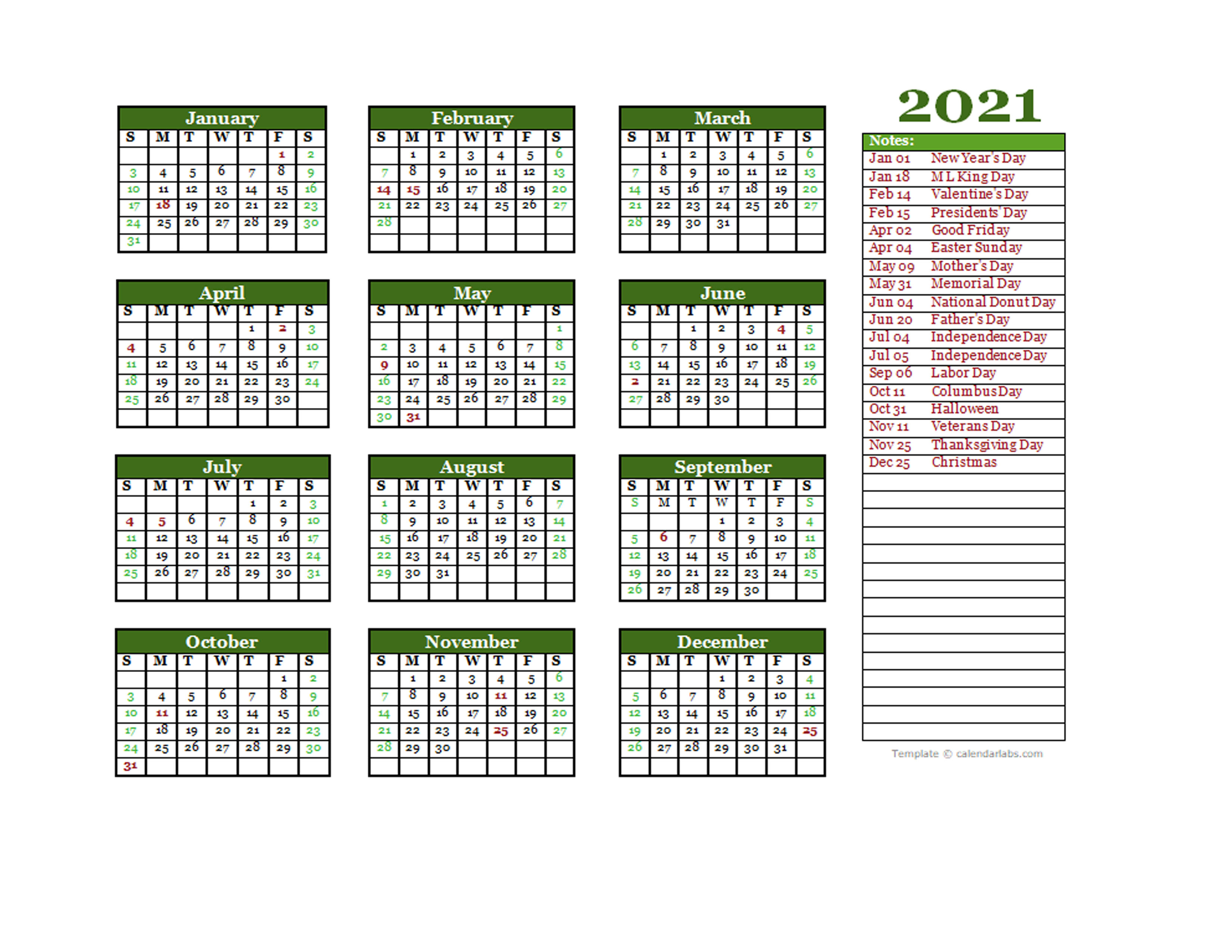 Editable 2021 Yearly Calendar Landscape Free Printable