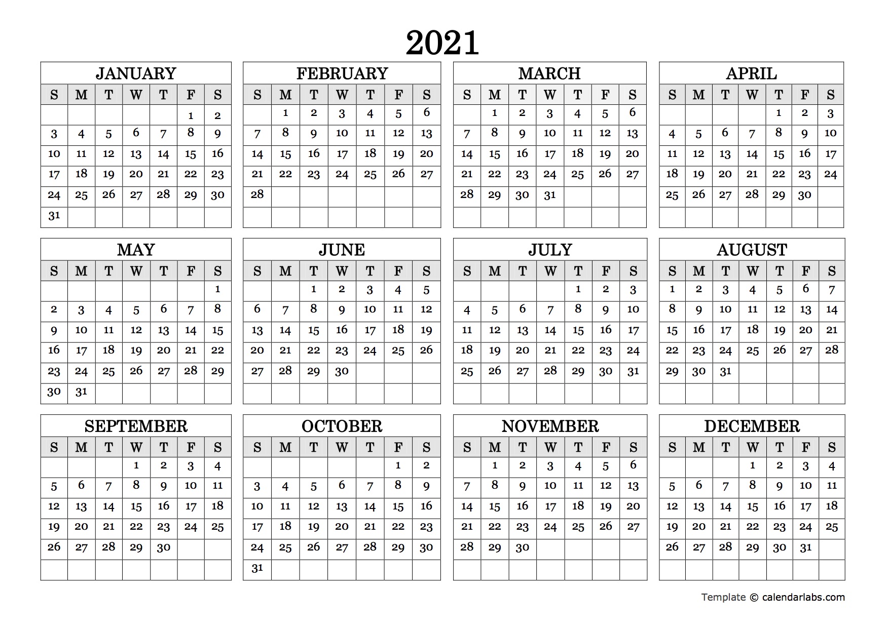 2021 Blank Yearly Calendar Landscape Free Printable