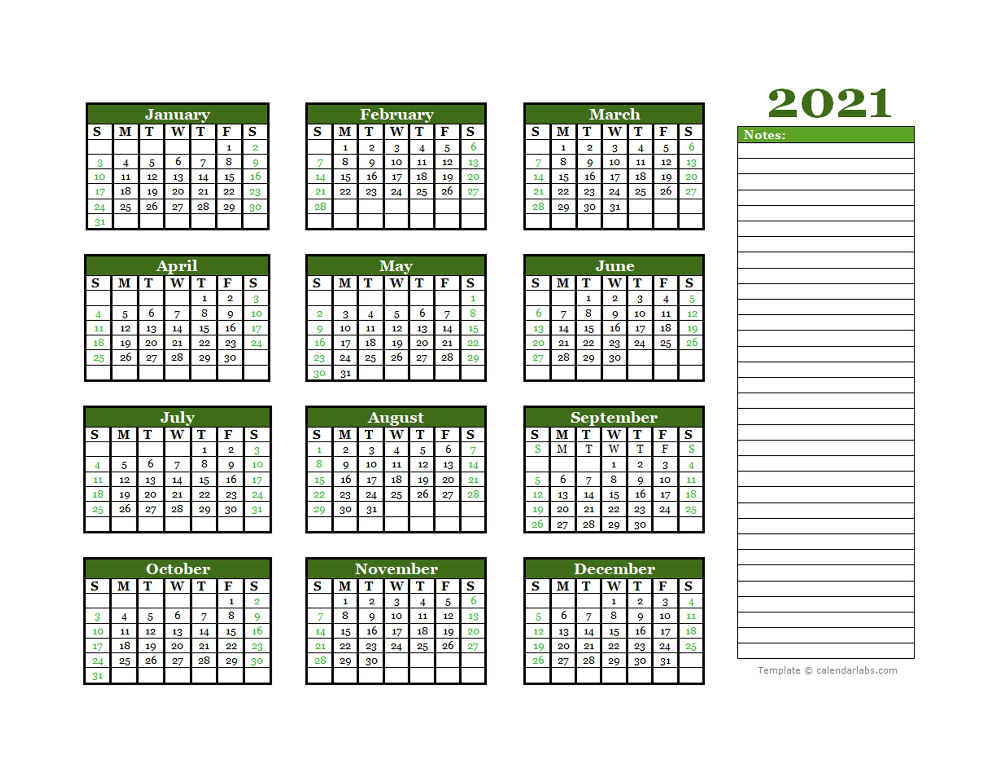 2021 Yearly Calendar With Blank Notes - Free Printable Templates