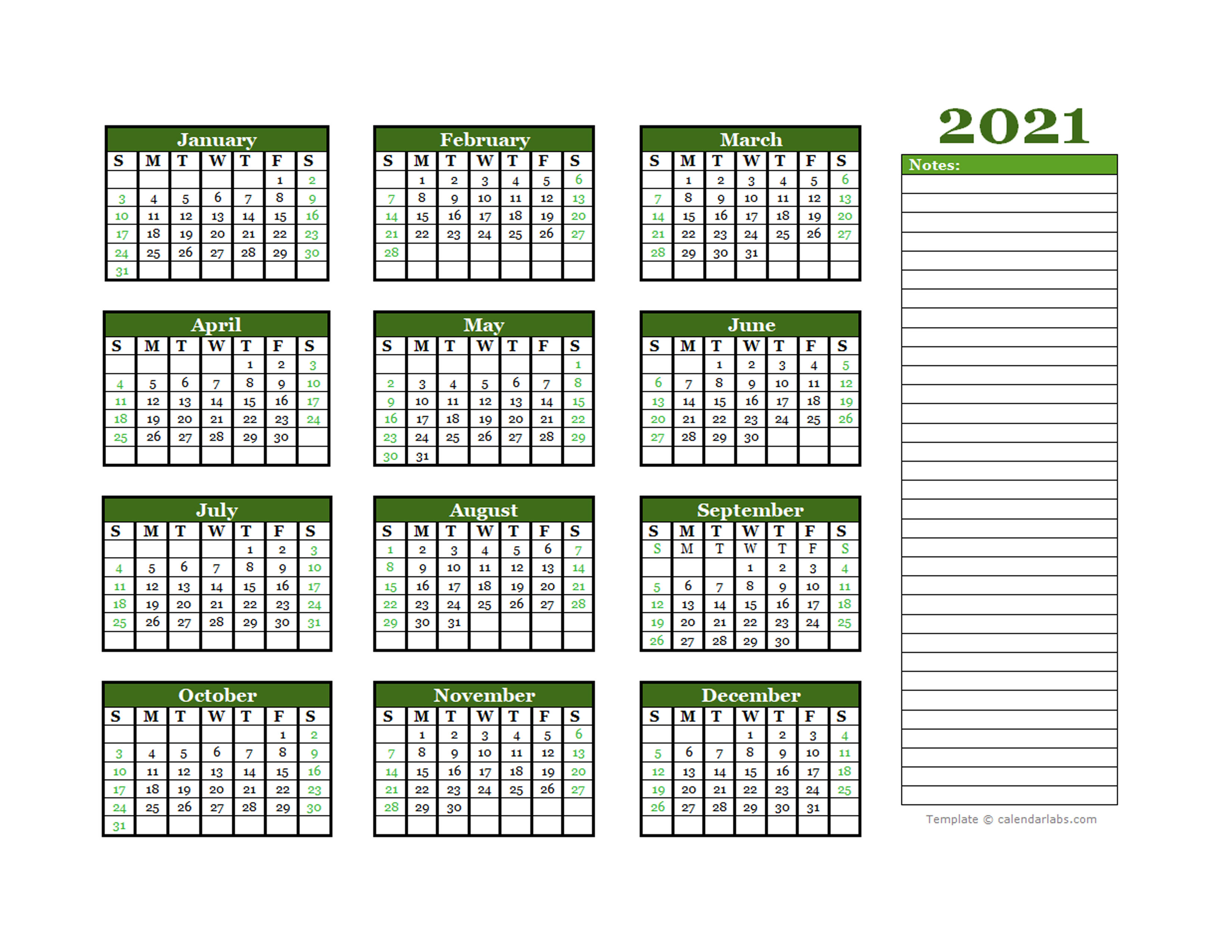 2021 Yearly Calendar With Blank Notes Free Printable Templates