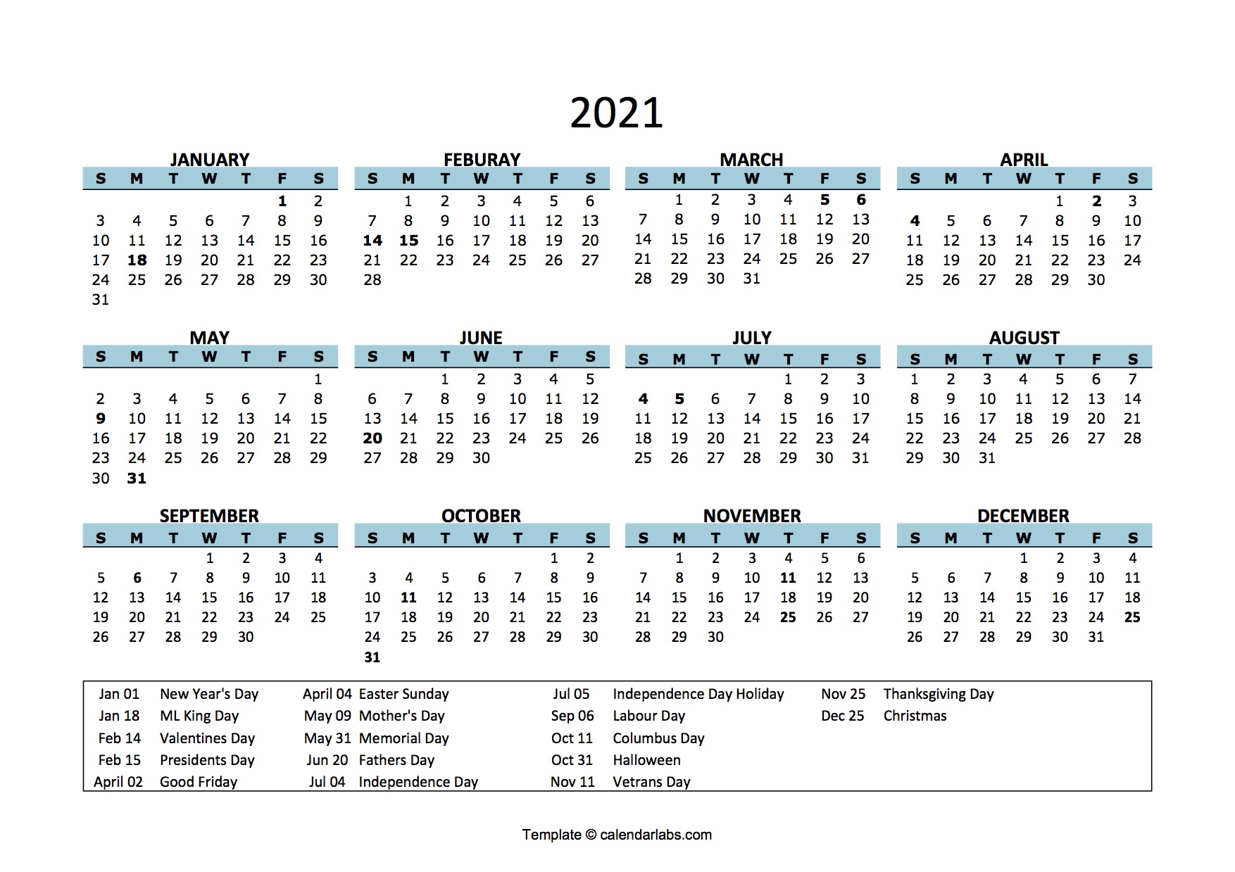Editable Free Printable 2021 Calendar With Holidays ...