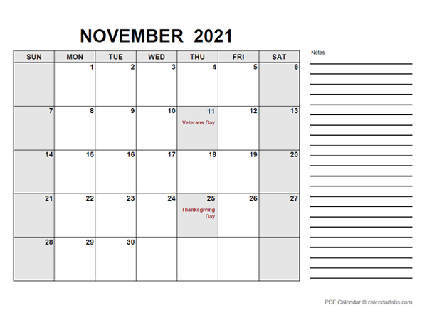 November 2021 Calendar CalendarLabs