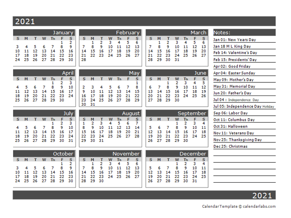 12-Month One Page Calendar Template for 2021