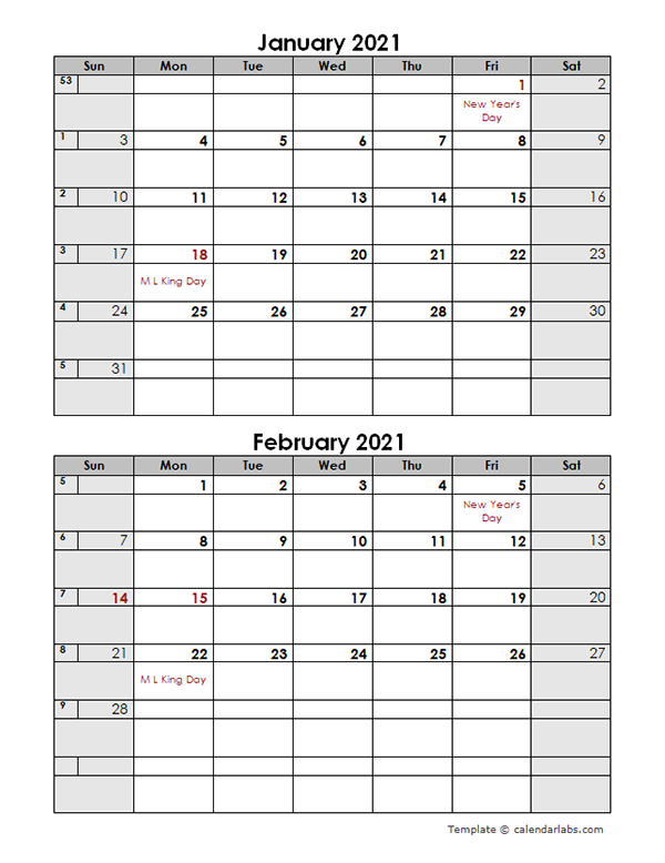 2021 2 Months Calendar Template