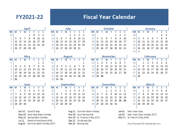 2021 Fiscal Year Calendar Template UK